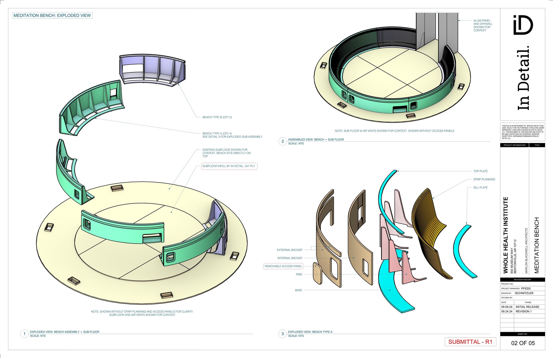Meditation bench — exploded assembly and overview drawings
