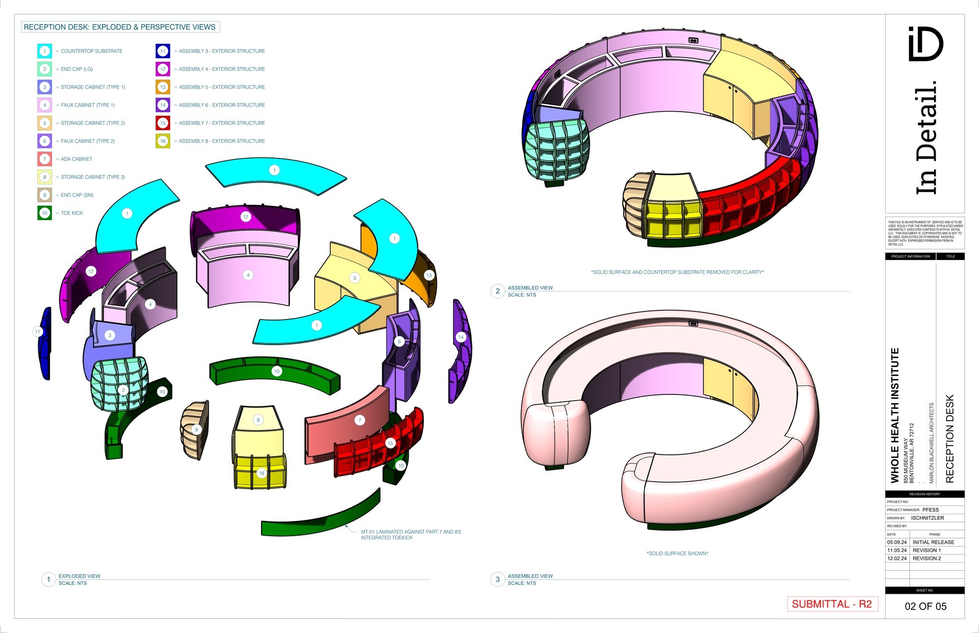 Reception Desk — exploded and perspective views shop drawing