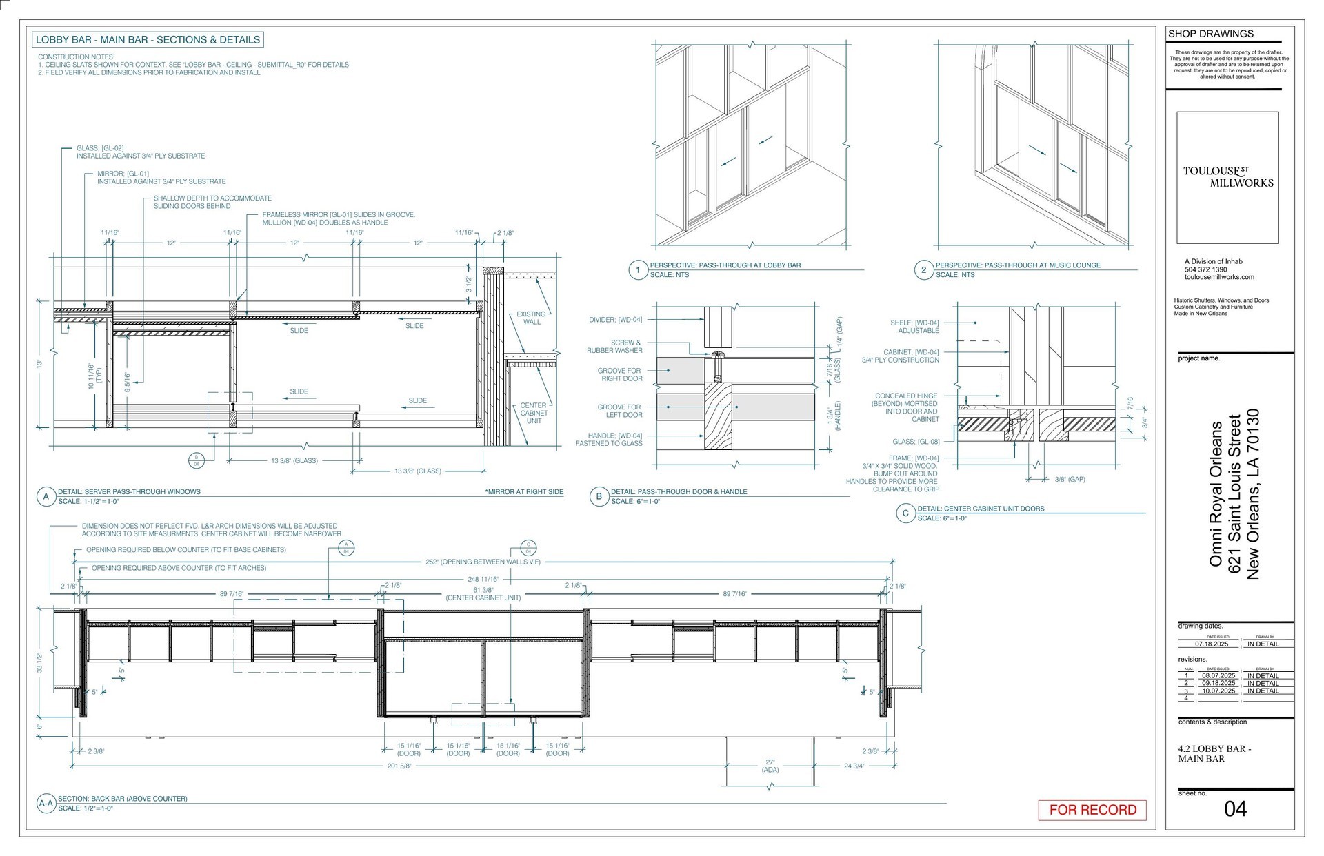 Lobby bar main bar — pass-through door and center cabinet unit shop drawing