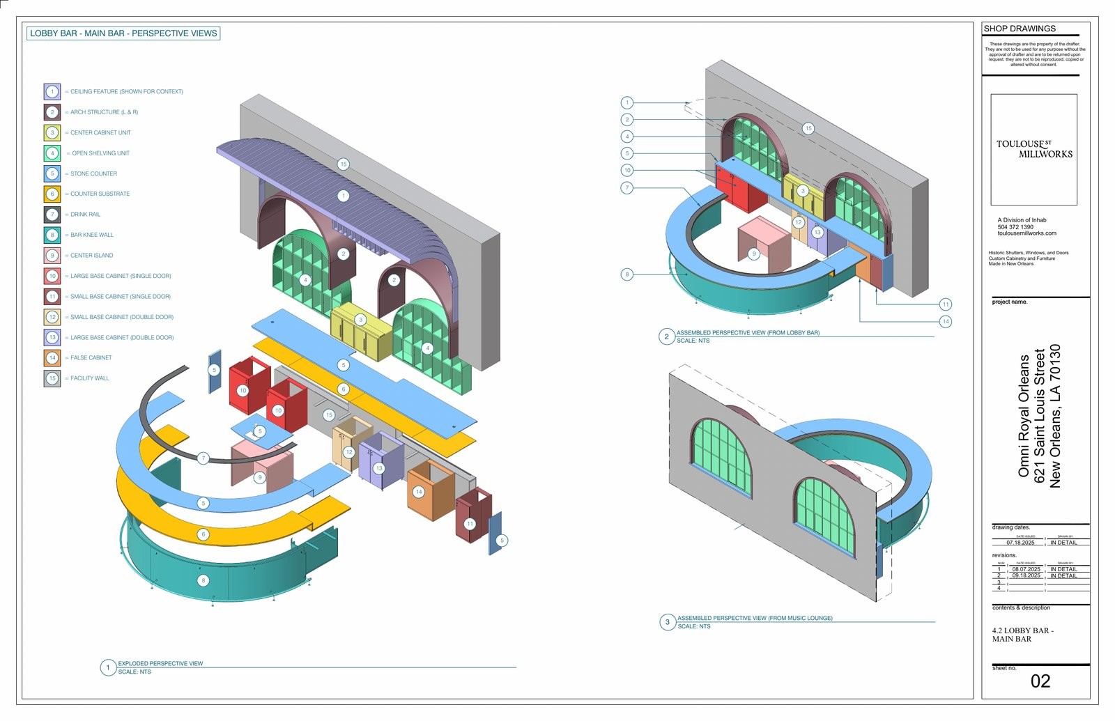 Lobby bar — exploded perspective shop drawing of arch structure and cabinetry